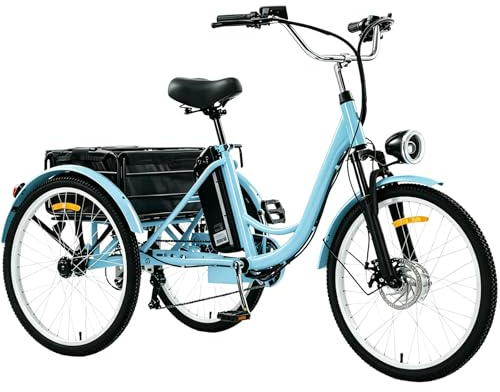Tricycle électrique pour Adultes, vélo Cargo électrique à 3 Roues de 24 Pouces, Batterie Amovible 36 V 13 Ah, Panier Avant et Porte-Bagages arrière, adapté aux Seniors, Bleu