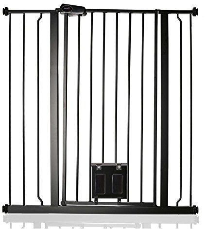 Bettacare Haustiergitter mit Verriegelbarer Katzenklappe, 94.3cm - 101.9cm, Schwarz, 104cm in der Höhe, Extra Hohes Haustier Sicherheitsgitter mit Katzenklappe, Einfache Installation