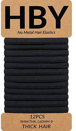 HBY Women's Hair Ties for Thick or Curly Hair. No Slip Seamless Ponytail Holders Sports Thick Hair Ties, Black, 8MM, 12 Pcs