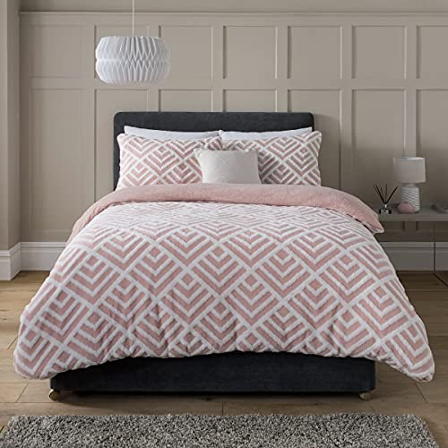 Sleepdown Geo Jacquard Fleece Thermal Warm Cosy Super Soft Duvet Cover Quilt Bedding Set with Pillow Cases - Double (200cm x 200cm) - Blush Pink White