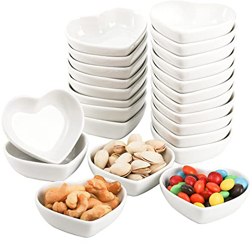 WUWEOT 24 Pack Porcelain Sauce Dish, White Heart-shaped Dip Bowls, 1.5Oz Ceramic Ring Dishes Candle Tray, Seasoning Dishes Appetizer Plates