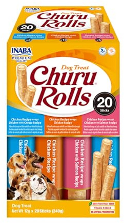 INABA Churu Rolls - Snack para Perros, palitos de Pollo con 3 sabores Diferentes - Premios Suaves y deliciosos sin conservantes ni colorantes - 240g (20x12g)
