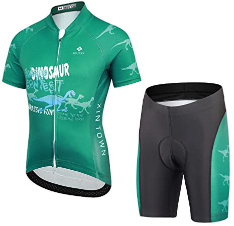 LSHEL Maillot Cyclisme Enfant Unisexe Élastique Chemise à Manches Courtes et Cuissard VTT Rembourré Confortable à Séchage Rapide pour Garçon Fille, Vert Foncé (Ensemble), XL/11-12 Ans