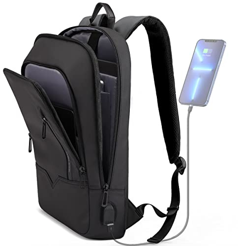 hk Backpack for Men Business Slim Backpack with USB Charger Computer Lightweight Anti-theft Travel Backpacks 15.6 inch Water Resistant Laptop Bag for Work Office College-Black