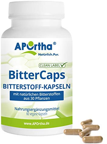 APOrtha® BitterCaps Bitterstoffe-Kapseln, 60 vegane Kapseln, aus 30 Pflanzenstoffen, kein bitterer Geschmack, alkoholfrei, vegan, glutenfrei, laktosefrei, allergenfrei