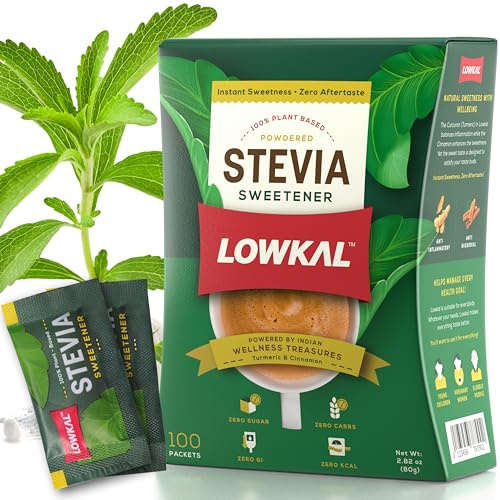LOWKAL Stevia Sweetener Sachets with Zero Calorie (100 Packets) - Plant-Based Sugar Substitute for Diabetics with Zero Sugar - Natural Sweetener Stevia Powder for Desserts, Coffee & Tea