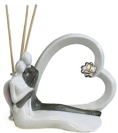 DLM34607 Profumatore in Porcellana Cuore con Coppia Sposi e Quadrifoglio FEDI Nuziali Nozze Matrimonio Anniversario Diffusore Ambienti bomboniera