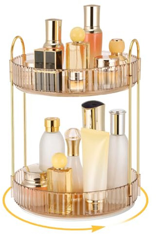 Otauoaea Organizador de Maquillaje Giratorio 360 Grados, Organizador Perfumes y Cremas Gran Capacidad, Organizador Maquillaje Makeup Organizer para Tocador, Dormitorio, Baño (2 Capas, Ámbar)