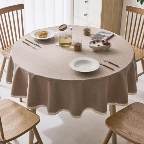 KUAOOAUK Runde Tischdecke, 160cm Tischdecke aus Baumwollleinen, Abwaschbar Tischwäsche mit Spitze, Wasserdicht Tischtuch für Esszimmer Home Küche Garten Party Restaurant(Braun)