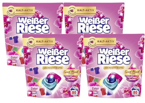 Weißer Riese Color Trio-Caps Aromatherapie Orchidee 4x 80 WL (320 Waschladungen), Color Waschmittel mit Good Mood-Duft für unwiderstehlich duftende & strahlend saubere Wäsche, 100% recycelbar