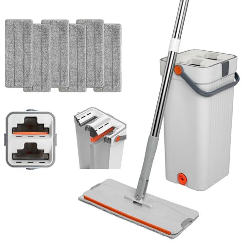 Mopa para Limpiar Azulejos y Paredes Mopa Fregona con Cubo Escurridor Palo 155 CM Fregona Autoescurrible Mopas de Limpieza Suelos Cepillo 6 Almohadillas Microfibra Limpiador y Atrapa Polvo Mop
