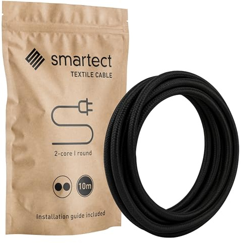 smartect Cavo Elettrico Tessile Nero, 10 Metri Filo Elettrico Vintage, Bipolare (2 x 0.75mm²) Cavo Elettrico Rivestito in Tessuto per Fai da Te
