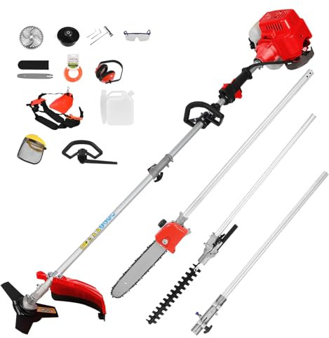 52CC Petrol Grass Strimmer Cordless, Garden Brush Cutter, Extendable Hedge Trimmer, Pruner Chainsaw, 134cm Extension Pole, 2-Stroke Lawn Strimmer