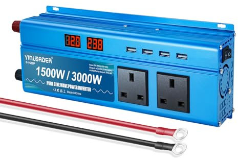 Yinleader Pure Sine Wave Power Inverter 1500W /3000W DC 12v to 240v to AC Voltage Converter With Dual UK Sokets 4 USB Ports LED Voltage Display for Car Camping Caravan Travel