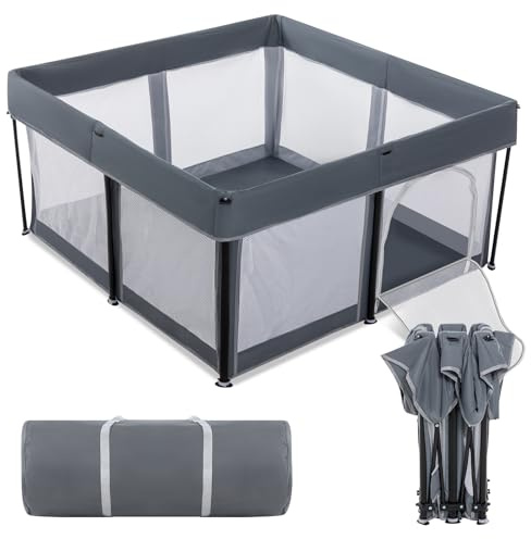 Lexixi Ibao Foldable Baby Playpen, 50×50 Extra Large Collapsible Playpen for Babies and Toddlers, Indoor Outdoor Activity Center with Fence, Grey