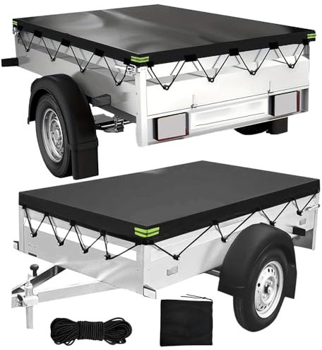 SKIKHN Anhänger Plane, 214x122x13 cm, Abdeckplane für Anhänger, Anhänger Abdeckplane, Verstärktes 420D Oxford Material Wasserfest Winddichte Reißfeste Sandprävention für Viele PKW Hänger Autoanhänger