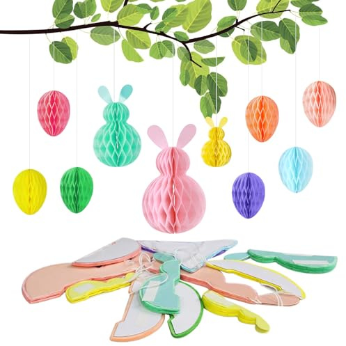 Gibocot 13 Pcs Easter Hanging Decorations Bunny Egg Hanging Honeycomb Paper Balls Colorful Easter Rabbit Egg Ceiling Ornaments for Easter Spring Kindergarten School Home Party Supplies
