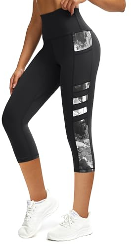 Tuspryt Leggings sportivi da donna con tasche, opachi, a vita alta, da donna, a 3/4, per il fitness, da corsa, Capri Gym, Nero , M