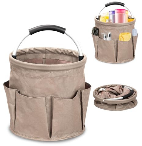 BigKing Bolsa de almacenamiento plegable para cubo de limpieza, cesta de limpieza plegable de tela Oxford, con 6 bolsillos exteriores para la limpieza, accesorios de limpieza del hogar (color caqui)