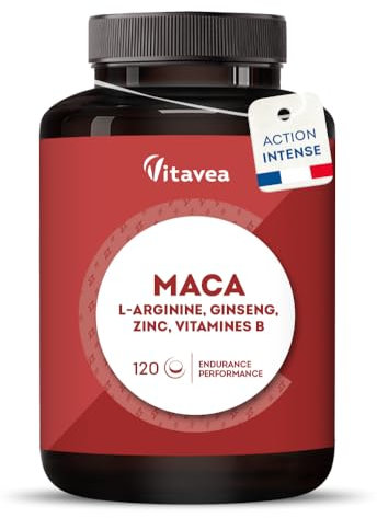 Booster Puissant Performances Masculines - Maca Ginseng - Vigueur, Energie, Endurance, Musculation - 6 Actifs Puissants - L-Arginine, Zinc, Vitamines B6 & B12-120 comprimés - 2 mois - Vitavea