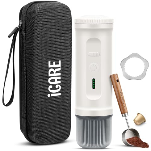 ICARE Cafetera Portátil, Compatible con Cápsulas NS y Café Molido, Calefacción Integrada, Carga Rápida USB-C, Indicador de Batería, Ideal para Acampadas, Senderismo, Viajes y Autocaravanas (Blanco)