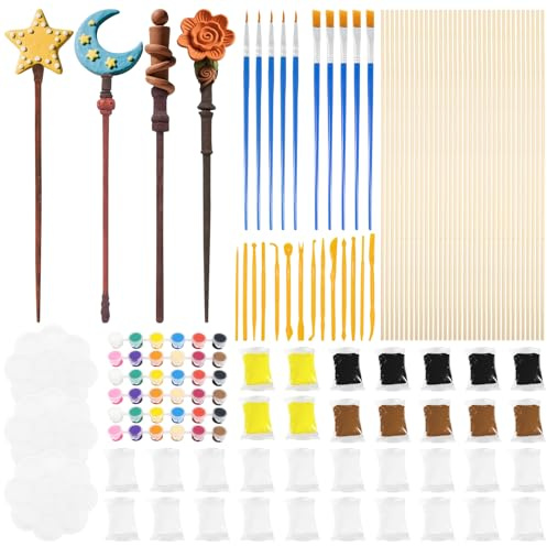 ZYNERY 34 Pieces Wooden Wand Craft Set, Wooden Magic Wand Craft Set Children with 4 Colours Clay, 12 Acrylic Paints, 14 Shape Tools, DIY Magic Wands, Crafts, Children for Birthday Party, Halloween