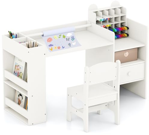 COSTWAY skrivbord barn med stol, barnskrivbord med avtagbar pappersrullhållare och förvaringsskåp, skolskrivbord med hyllor och låda, barnbord målbord för pojkar och flickor