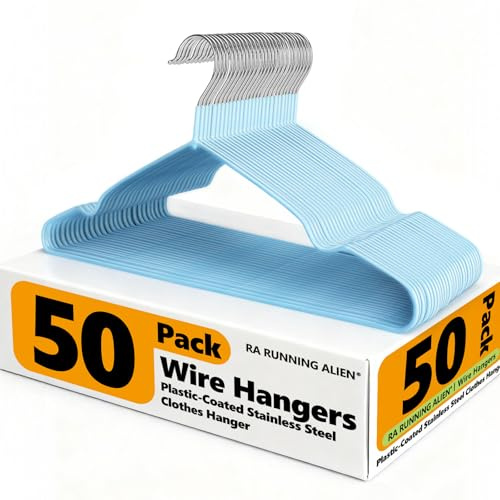 Confezione da 50 grucce appendiabiti resistenti, sottili, salvaspazio, in filo metallico antiscivolo, in plastica, per la conservazione dei vestiti e la casa