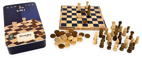 DEQUBE - Juego de Mesa - Ajedrez/Damas - Caja Metal - Formato Viaje - Tablero de Madera FSC - +7 años (940D00326)