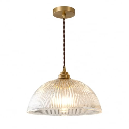 Industrial Ribbed Glass Pendant Light, E27 Brass Base,⌀30cm Dome Shade