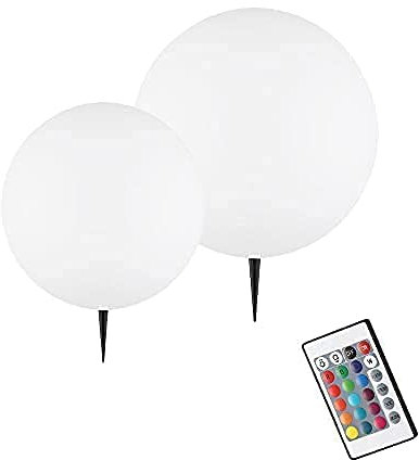 Dapo 2x Hochwertige LED-Außen-Garten-Solar-Kugel-Leuchte BIRTA mit Spieß, USB-Kabel und Fernbedienung, Reichweite 6m, Kunststoff 2 x LED farbechselnd-tageslichtweiß, IP44 (Durchmesser 20cm + 25cm)