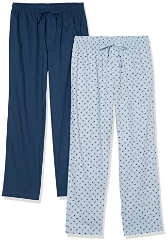 Amazon Essentials Men's Cotton Poplin Full-Length Pajama Pants, Drawstring, Pack of 2, Ice Blue Flamingo/Indigo, Small