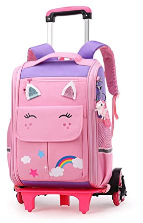 BOUACOUA Trolley Schultaschen Rucksack Mädchen Jungen - Kinder Rollen Schulrucksack Schüler Schultasche Geschäft Rucksäcke, 6-12 Jahre Alt, Rosa Lila