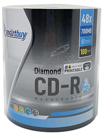 100 Pack Smartbuy Diamond CD-R 48X 700mb/80min White Inkjet Hub Printable Top with Silver Diamond Bottom Blank Data Recordable Disc