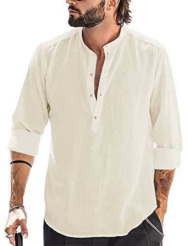 Runcati Camicia da uomo in lino, a maniche lunghe, collo alto, camicia da spiaggia, estiva, camicie eleganti, Beige, XL