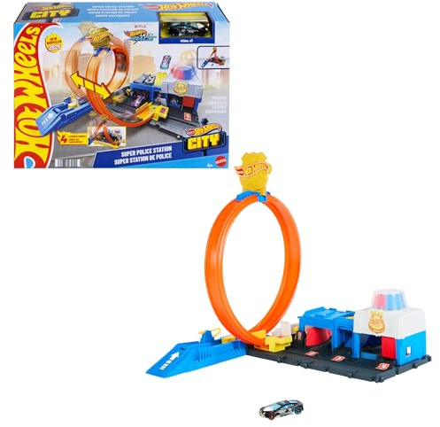 Hot Wheels City - Super Stazione di Polizia, playset regolabile con 4 corsie della pista regolabile per loop e acrobazie, macchinina inclusa, giocattolo per bambini, 4+ anni, JBM71