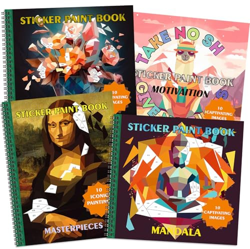 Set di 4 Libri di Adesivi per Adulti | Riutilizzabili Con Temi Floreali, Mandala, Motivazionali, Capolavori | Collezione di Adesivi da Dipingere