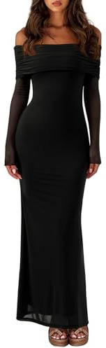 REORIA Women Long Sleeve Off Shoulder Formal Dress Elegant Stretch Mesh Double Lined Bodycon Long Party Wedding Guest Dresses Fall Winter Black Medium