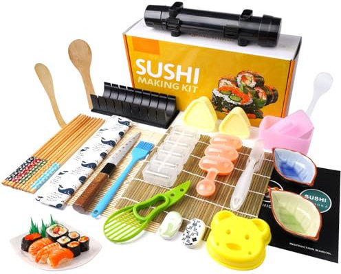 Kit de fabrication de sushis professionnels - Rouleau Bazooker avec guide - Comprend un tapis en bambou, un moule de découpe, un couteau à sushi, un moule à onigiri, des baguettes, des plats à sauce