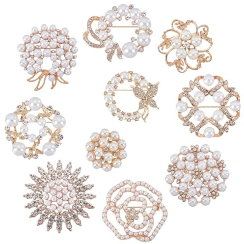 WADORN 10 stili di Spilla A Forma di Fiore con Perle di Cristallo e Strass per Le Donne, Spille Retrò Floreali In Diomandro Da Donna In Lega Placcata In Oro, Spille Da Bavero per Cappelli, Borse