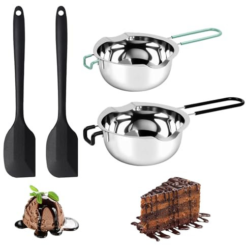ZEPPHI Wasserbad Schmelzschale, Schmelztopf 480ml & 600ml, Schokoladen Schmelztiegel Edelstahl 304, mit Silikon Spatel für Schokolade Zucker Butter Käse Karamell Kerz, 2 Stück