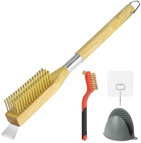 OFFCUP Brosse Four à Pizza, 50cm Brosse Nettoyage Four à Pizza avec Manche Long en Bois Grattoir et Pince Anti-brûlure, Brosse en Cuivre Pierre Pizza Outil Nettoyage pour Barbecue Cuisine