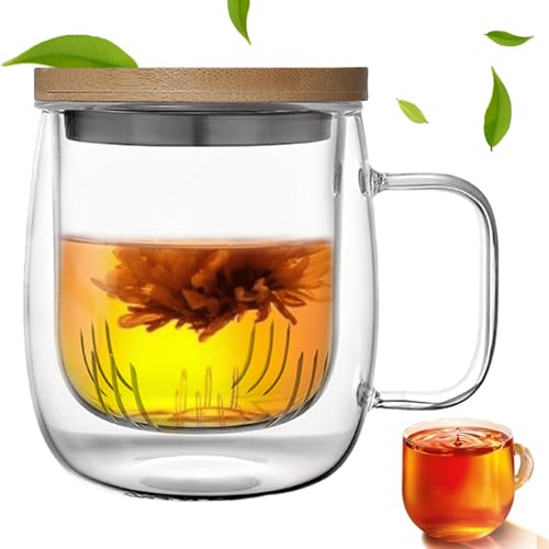 PORFOYO Tazza da Tè, 470 ml Tazza da Tè, Bicchiere da Tè Tutto In Uno, Tazza in Vetro con Filtro e Coperchio, Tazze Da The In Vetro per Tè Nero, Bevande, Caffè Freddo, Bustine di Tè