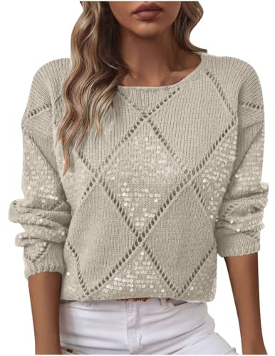Yolimok Ladies Jumpers Sequin Embellished Knit Crew Neck Sweaters Casual Classic Plain Pullover Long Sleeve Jumper Tops Women's Knit Jumpers Crop Top Dressy Office Workwear Daily Wear Sweater S-XXL