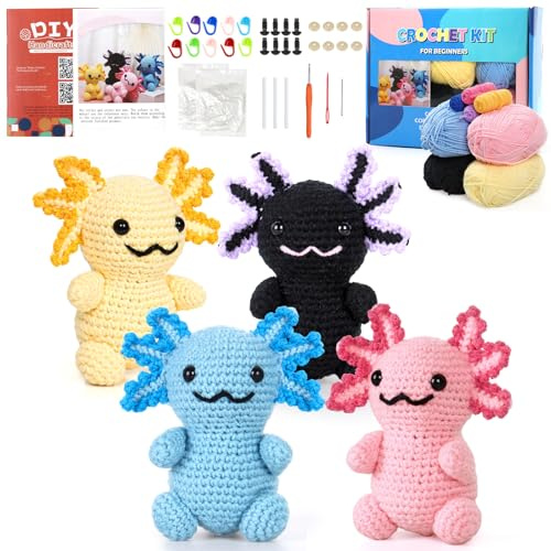 Weldomcor Häkelset für Anfänger, 4 Stück Axolotl Tiere Häkelset Häckeln Stricken für Anfänger Set mit Schritt für Schritt Video Tutorials Häkelnadel Set für Erwachsene Kinder Geschenk