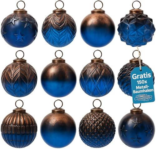 Weihnachtskugeln Glas 12er Set – Premium Christbaumkugeln 8 cm Handbemalt Glaskugeln für Weihnachtsbaum Adventskranz Inkl. 150 Metall-Baumhaken - Blau-schwarz 00219