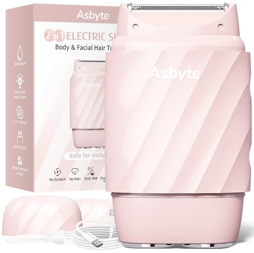 Asbyte 4-in-1 Electric Razor for Women, Bikini Trimmer & Facial Hair Remover, Rechargeable Cordless Dual-Head Shaver, IPX7 Waterproof, Painless & Hypoallergenic for Sensitive Areas, Pink