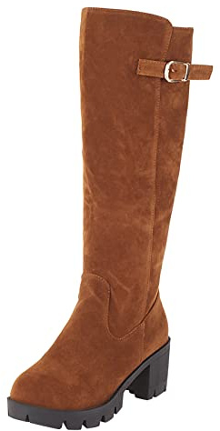 Stivali Al Ginocchio Donna In Finta Camoscio - Stivaletti Eleganti Con Tacco Blocco Spesso, Punta Rotonda, Cerniera Laterale E Fibbia Decorativa, Suola Antiscivolo, Ideali Per Outfit Casual E Speciali
