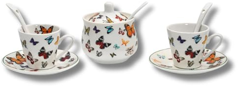 LEONARDO LUXURY HOME DESIGN Set Caffè 2 Persone Tazzine Porcellana Espresso Piattini e Zuccheriera Cucchiaino Decoro Farfalle Multicolore Idea Regalo (2TazzeFarfalle+Zuccheriera)
