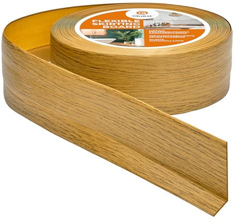Quest Battiscopa Morbido Adesivo - 50 mm x 20 mm - Listello in PVC, Finitura Flessibile, Profilo Angolare per Cucina, Bagno, Parete, Pavimento - Decorativo (Rovere, 25m)